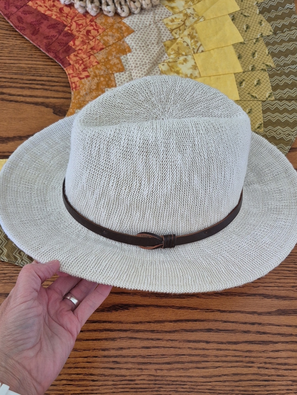 Anthropologie Cream Knit Fedora with Brown Leather Band